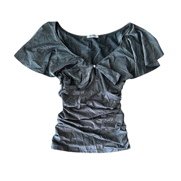 Moschino Cheap & Chic Silver Metallic Ruffle Top US 8 Ruched Flutter Sleeve - Picture 1 of 10